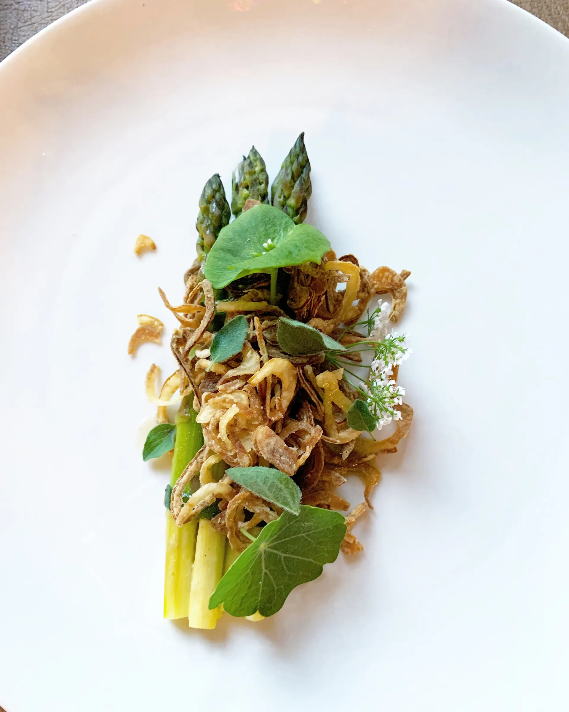 A plated asparagus first course from a Calderon Dining menu
