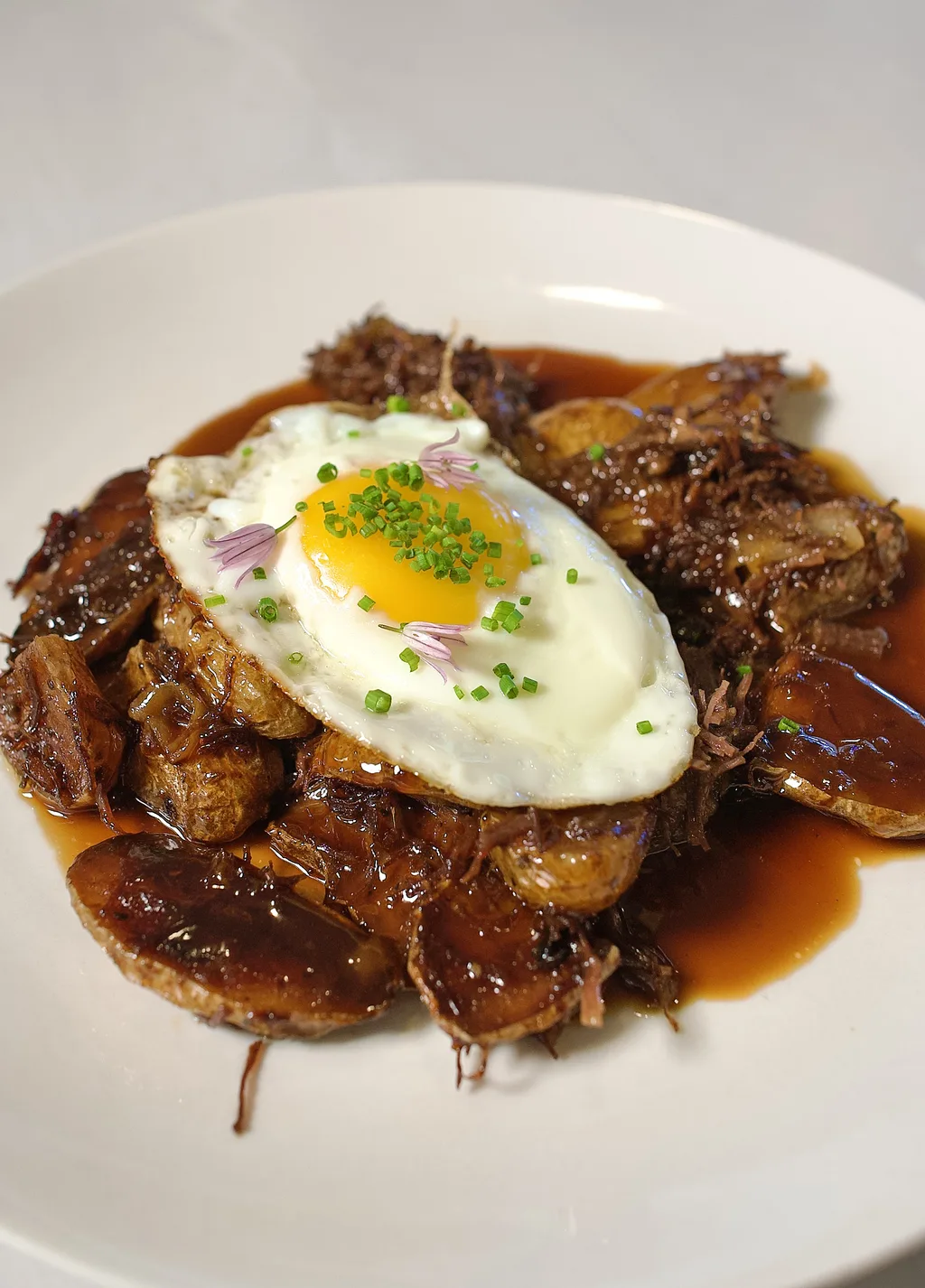 Braised short rib hash with roasted fingerling potatoes and red wine demi, topped with a fried egg