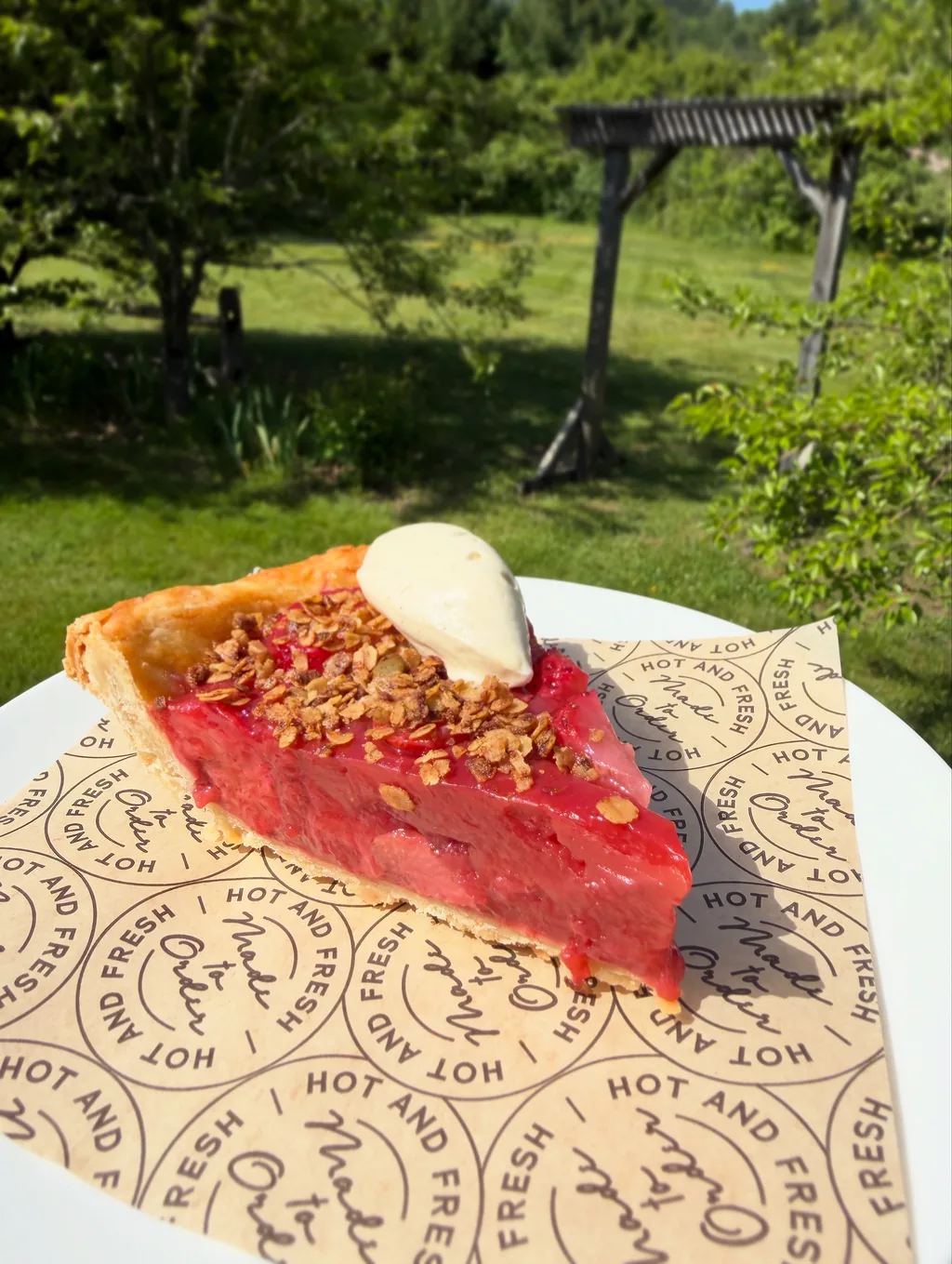 A slice of strawberry rhubarb pie